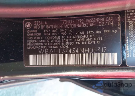 2004 BMW 325I из США, поврежденный, VIN WBAET37434NH05312